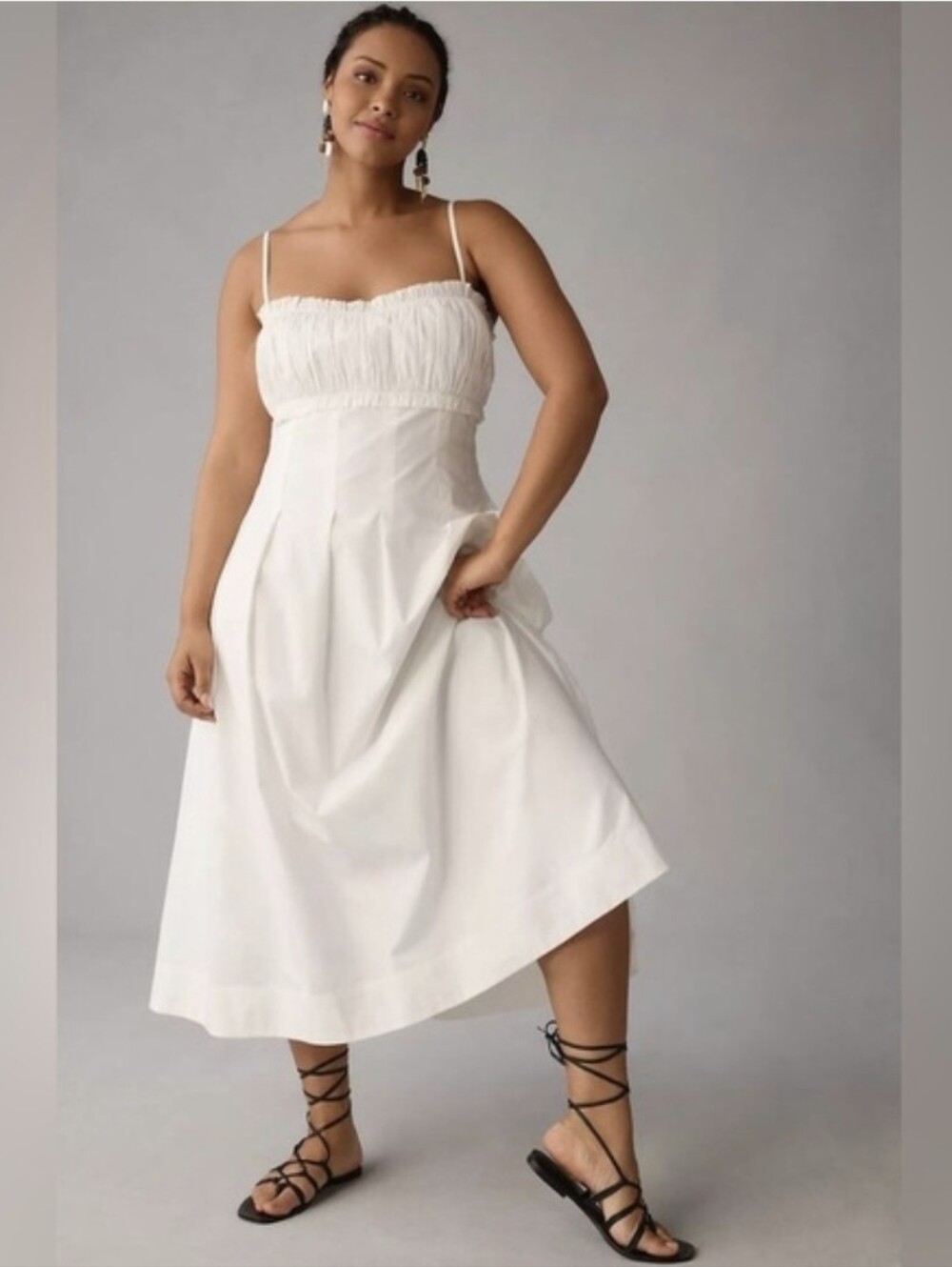 Anthropologie White Smocked Bodice Midi Dress with Spaghetti Straps